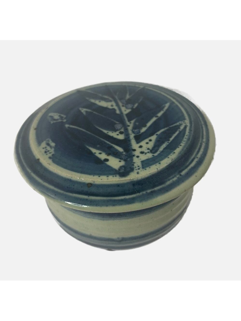 Studio Art Pottery Ceramic Large Butter Bell Floral Signed Bauer Blue Ribbed